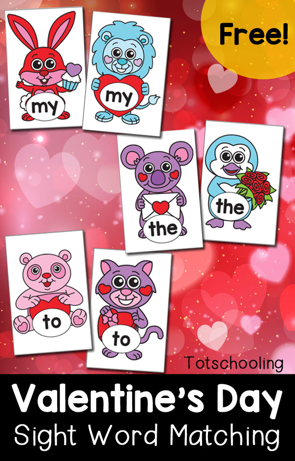 FREE printable sight word matching cards for pre-k and kindergarten kids to practice reading and memorizing sight words. Match up the adorable Valentine's Day animals!