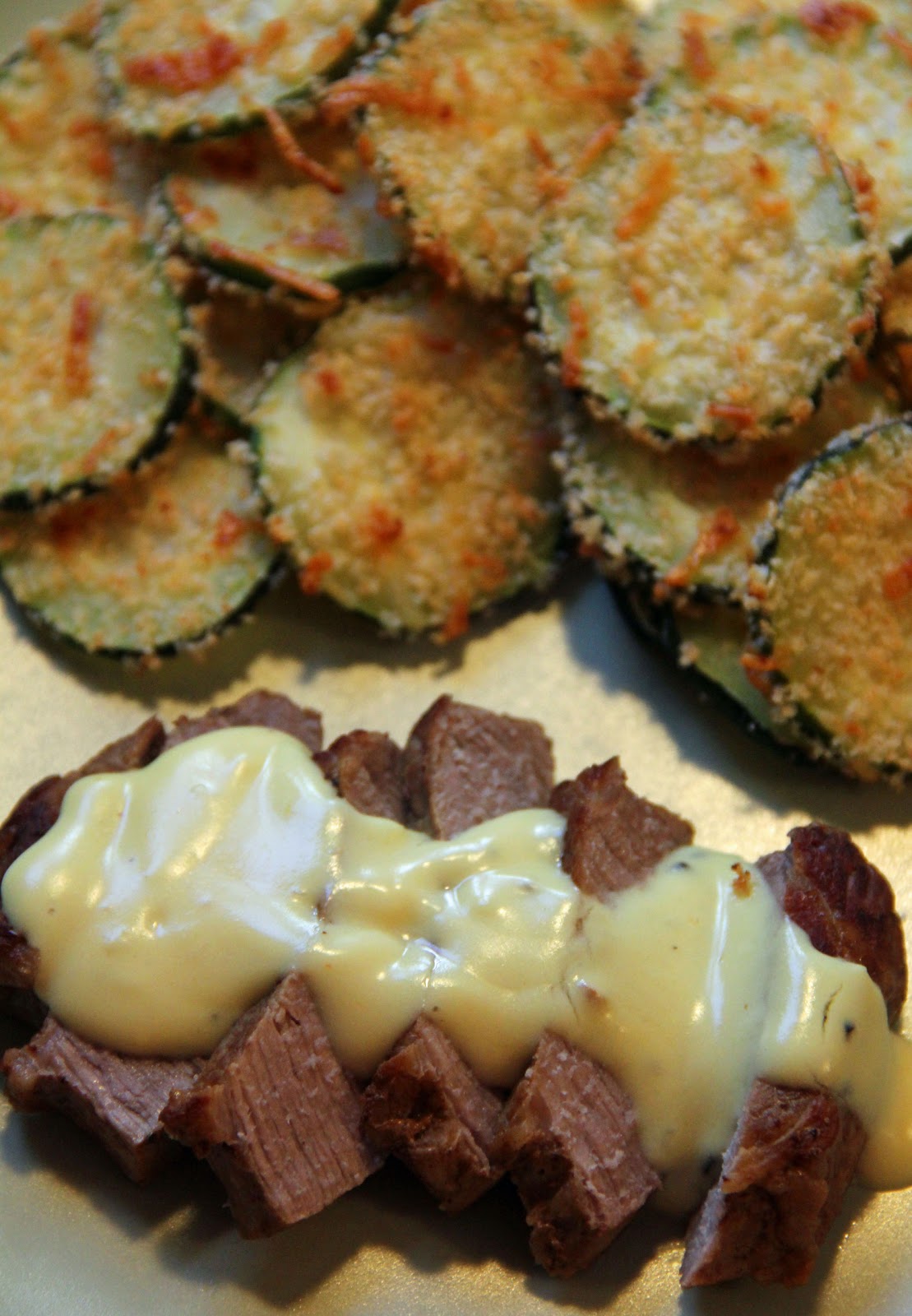 Jo and Sue Steak with Mustard & Greek Yogurt Sauce AND Baked Zucchini Chips