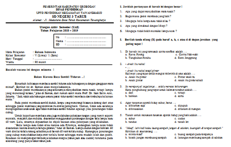Download Kumpulan Soal UAS Kelas 5 SD Semester 1 TP 2018