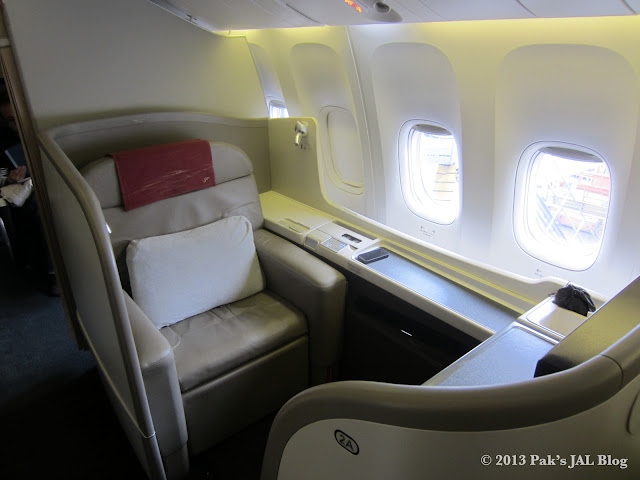 JAL Suite seat 2A in upright position for takeoff and landing