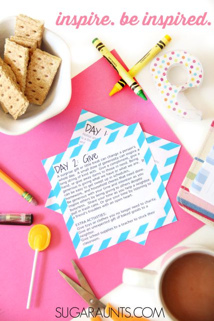 7 Day Challenge for inspiring good and change. Take this challenge, loaded with easy activities that families and kids can do together for one week and be an inspiration of good, gratitude, and kindness by blessing and inspiring others.