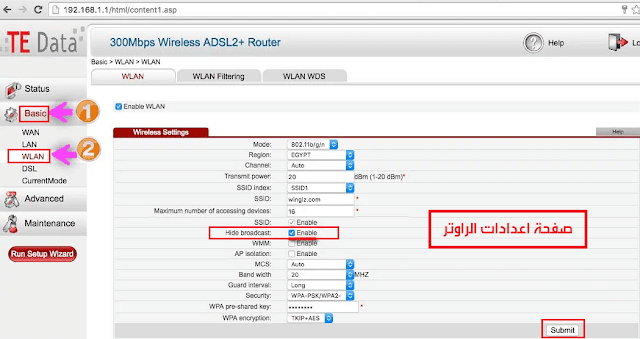 اخفاء شبكة الواي فاي راوتر تي اي داتا TE-Data اخفاء شبكة الواي فاي راوتر تي اي داتا TE-Data