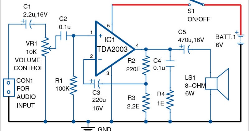 3W/6W audio amplifier using TDA2003 Circuit Diagram