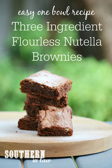 Easy DIY Three Ingredient Flourless Nutella Brownies Recipe – 3 ingredients, flourless, no flour, gluten free, one bowl, simple, quick, dairy free, chewy edges, fudgy, gooey, fast dessert recipes