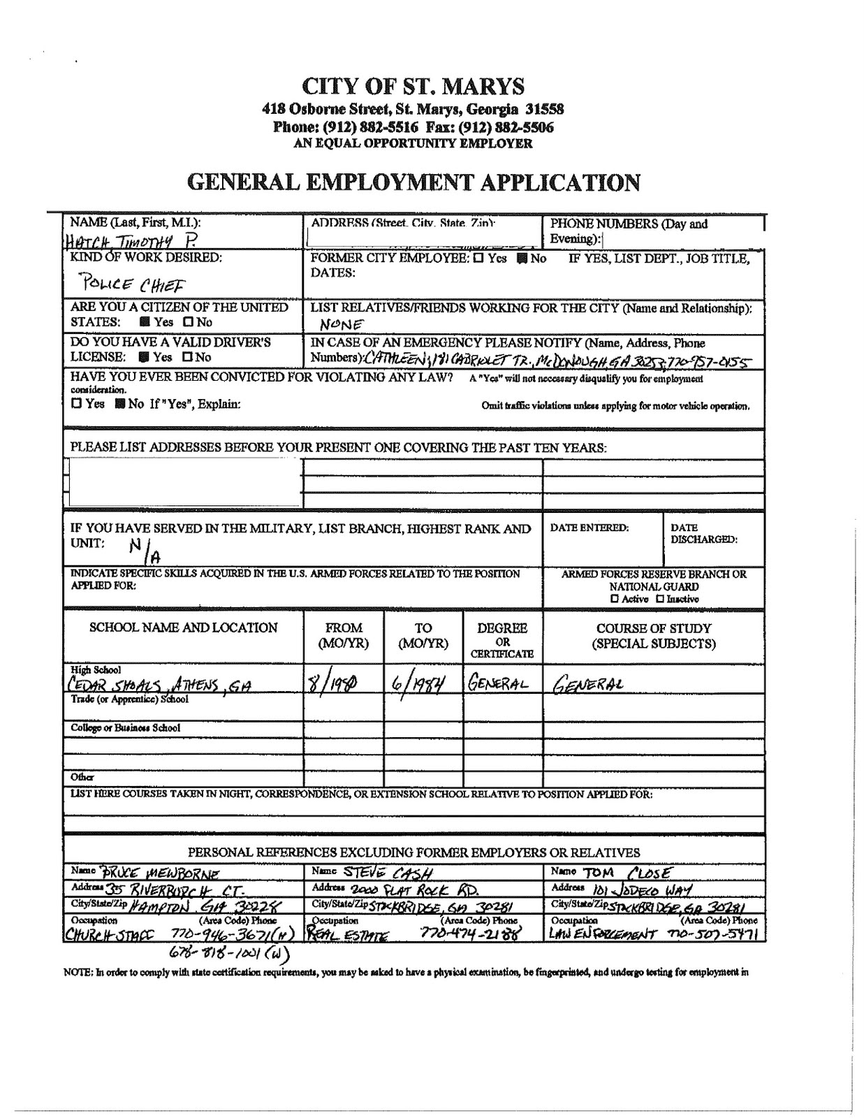 The Real School Police Job Application For Chief Hatch