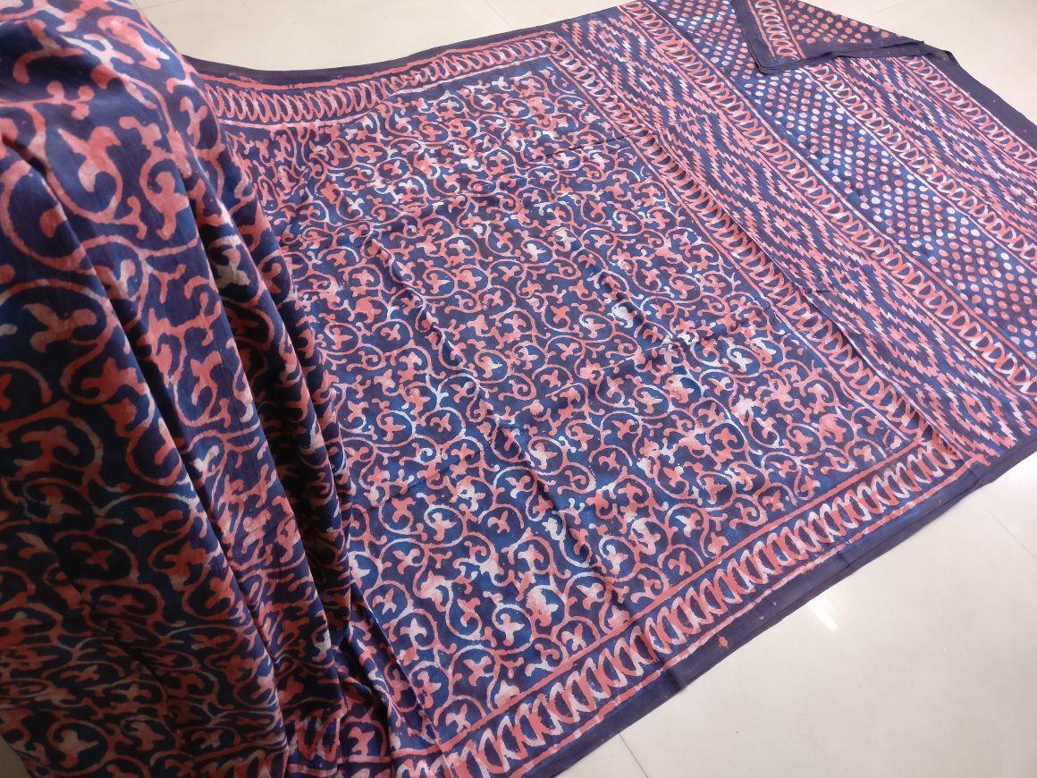 Handblock printed mulcotton sarees