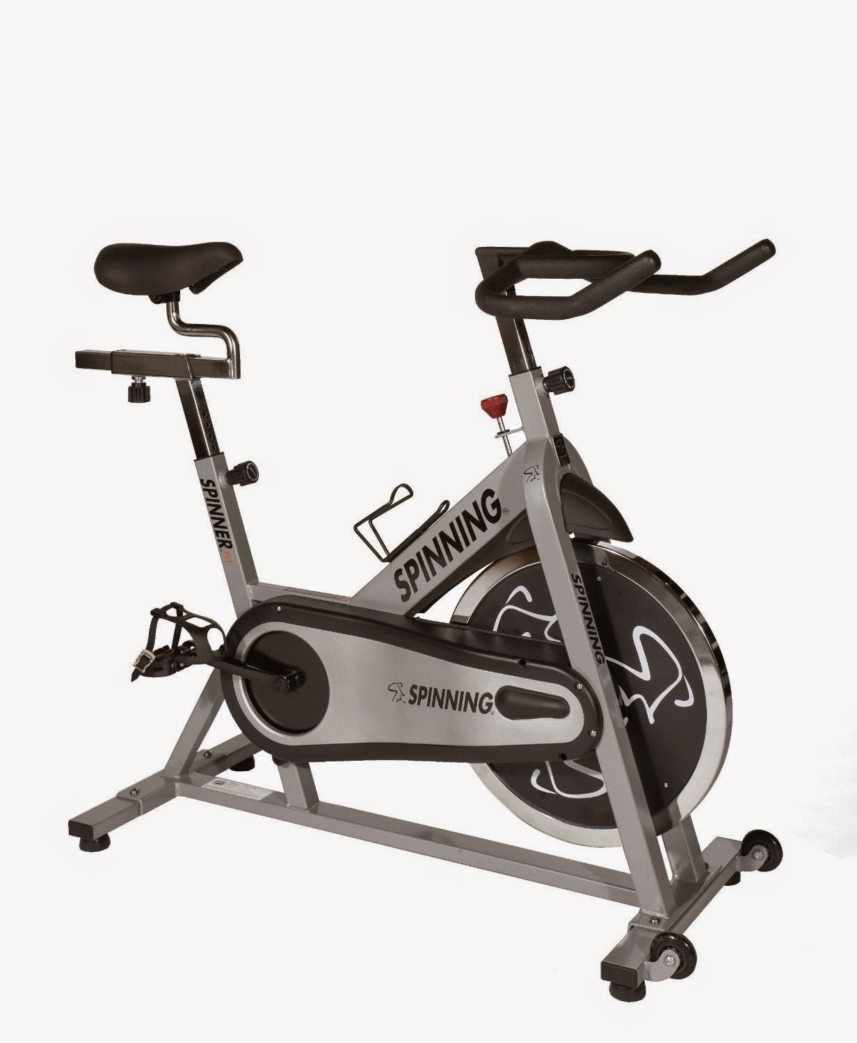 Spinner Fit Indoor Cycle Spin Bike, review features, 31 lb flywheel, perimeter weighted flywheel, wide padded adjustable saddle, patented handlebars with loop design and 5 degree angle, adjustable dial resistance knob, 4 spinning DVDs