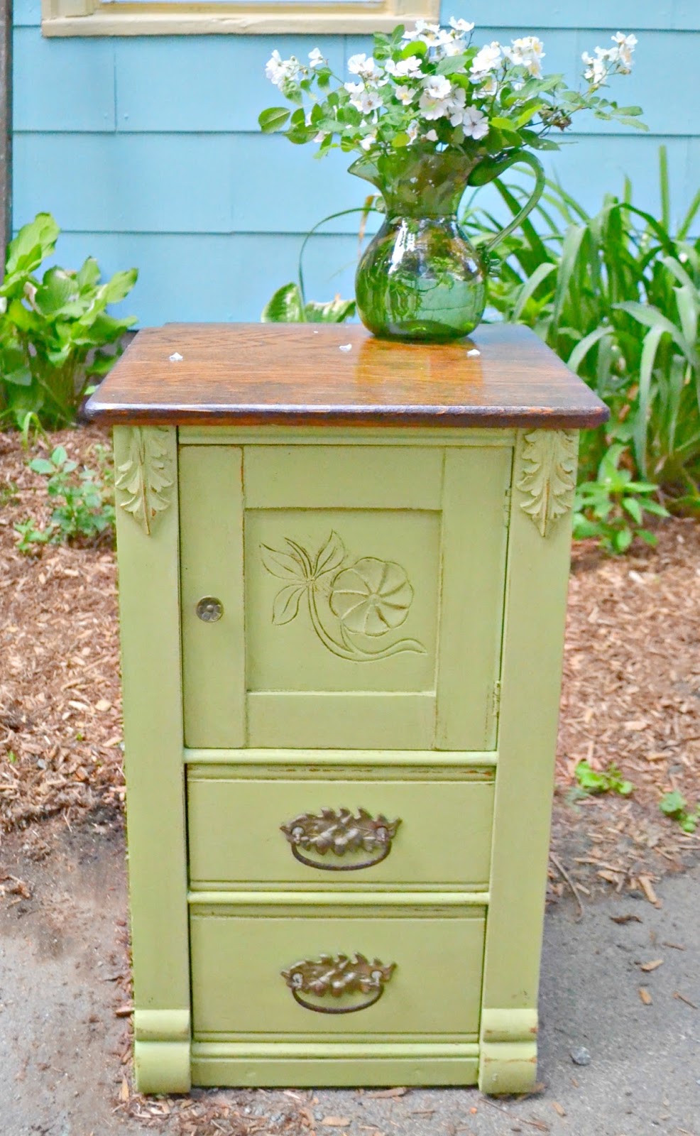 Heir and Space An Antique Oak Side Table in Green
