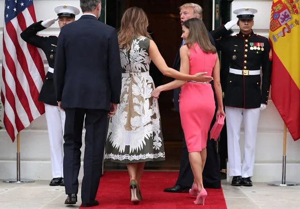 Queen Letizia wore Michael Kors button detail stretch wool dress.President Donald Trump. First Lady Melania Trump wore print dress