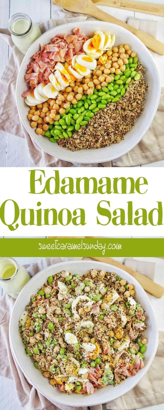 Edamame Quinoa Salad | Sweet Caramel Sunday #quinoa #quinoasalad #quinoasaladrecipe #quinoarecipes #edamame #edamamerecipe #chickpeasalad #chickpearecipe #lunch #lunchsalad #bbq #bbqsalad #egg #eggsalad #bacon #baconsalad #baconsalad #baconandegg #healthy #healthyrecipes #sweetcaramelsunday
