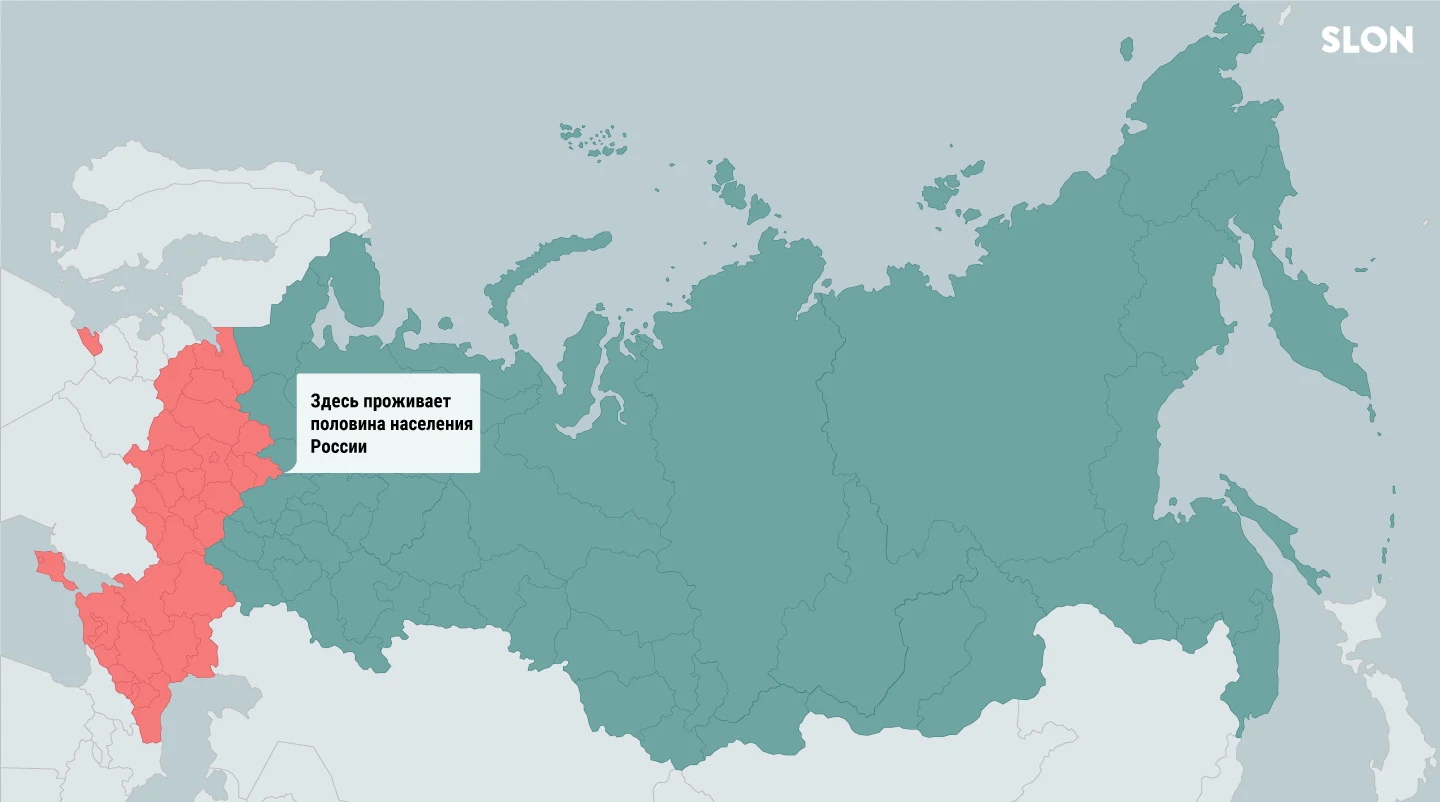 Half of Russia's 144 million population lives in the red part 