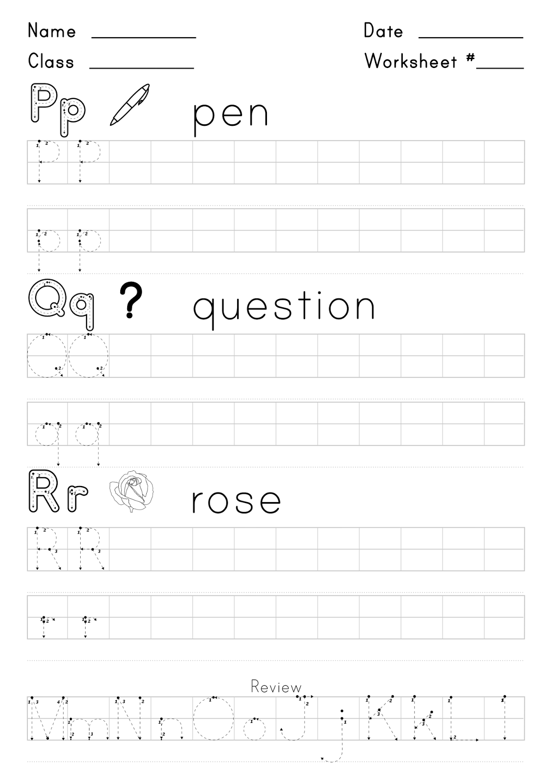 Worksheet for writing the letters P,Q, and R.  Super English Kid