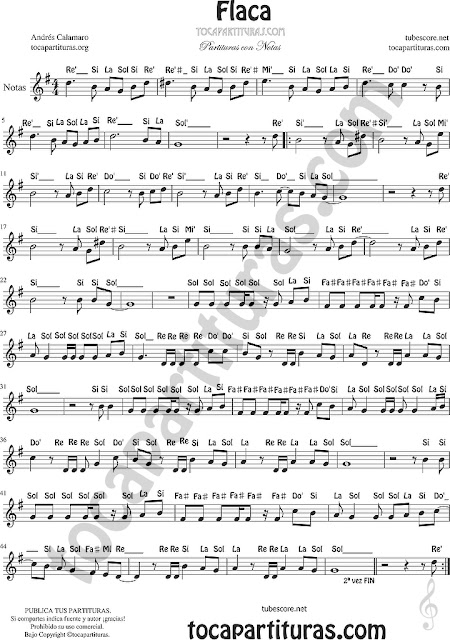 Flaca Partitura con Notas de Flauta Violín Sax Trompeta Clarinete Sheet Music for Treble Clef