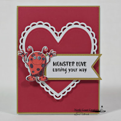 North Coast Creations Stamp Set: Little Monsters, North Coast Creations Custom Dies: Monster, Our Daily Bread Designs Custom Dies: Pierced Rectangles, Ornate Hearts, Double Stitched Pennant Flags, Pennant Flags