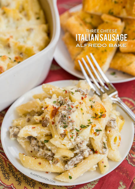 Three Cheese Italian Sausage Alfredo Bake | Plain Chicken®