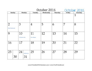 Free Printable Calendar October 2016