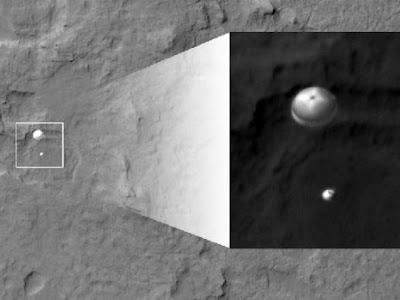 Mars Reconnaissance Orbiter Captures Image of Curiosity Rover Descending To Surface on its Parachute