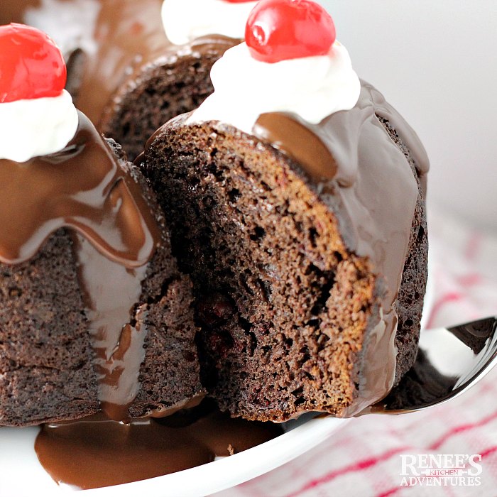 Slice of Chocolate Cherry Cake by Renee's Kitchen Adventures on cake server