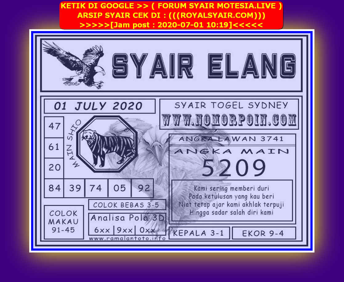 Prediksi Syair Sydney 1 Juli 2020 KODE SYAIR SGP SYAIR