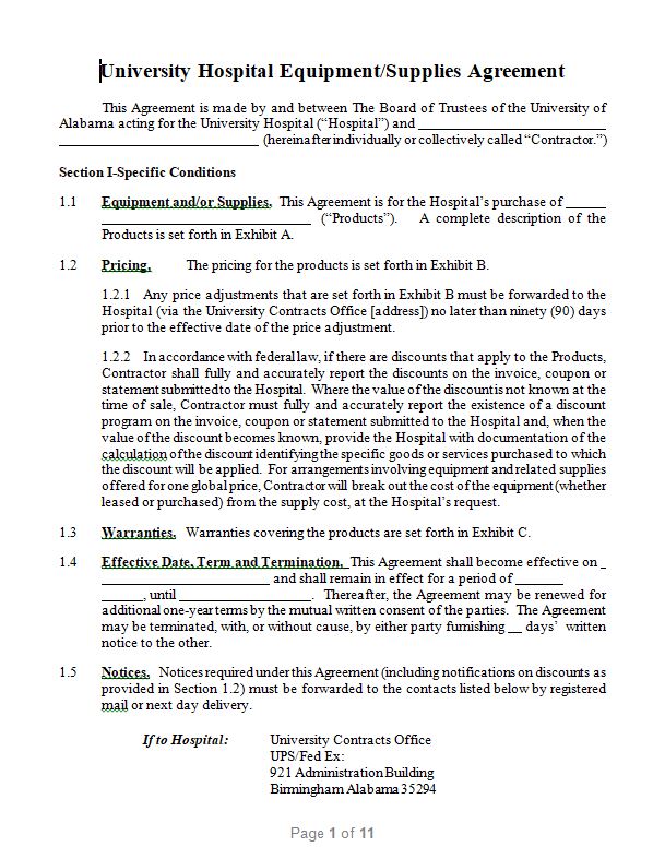 Sample forms of Hospital Equipment Supplies Agreement in word doc
