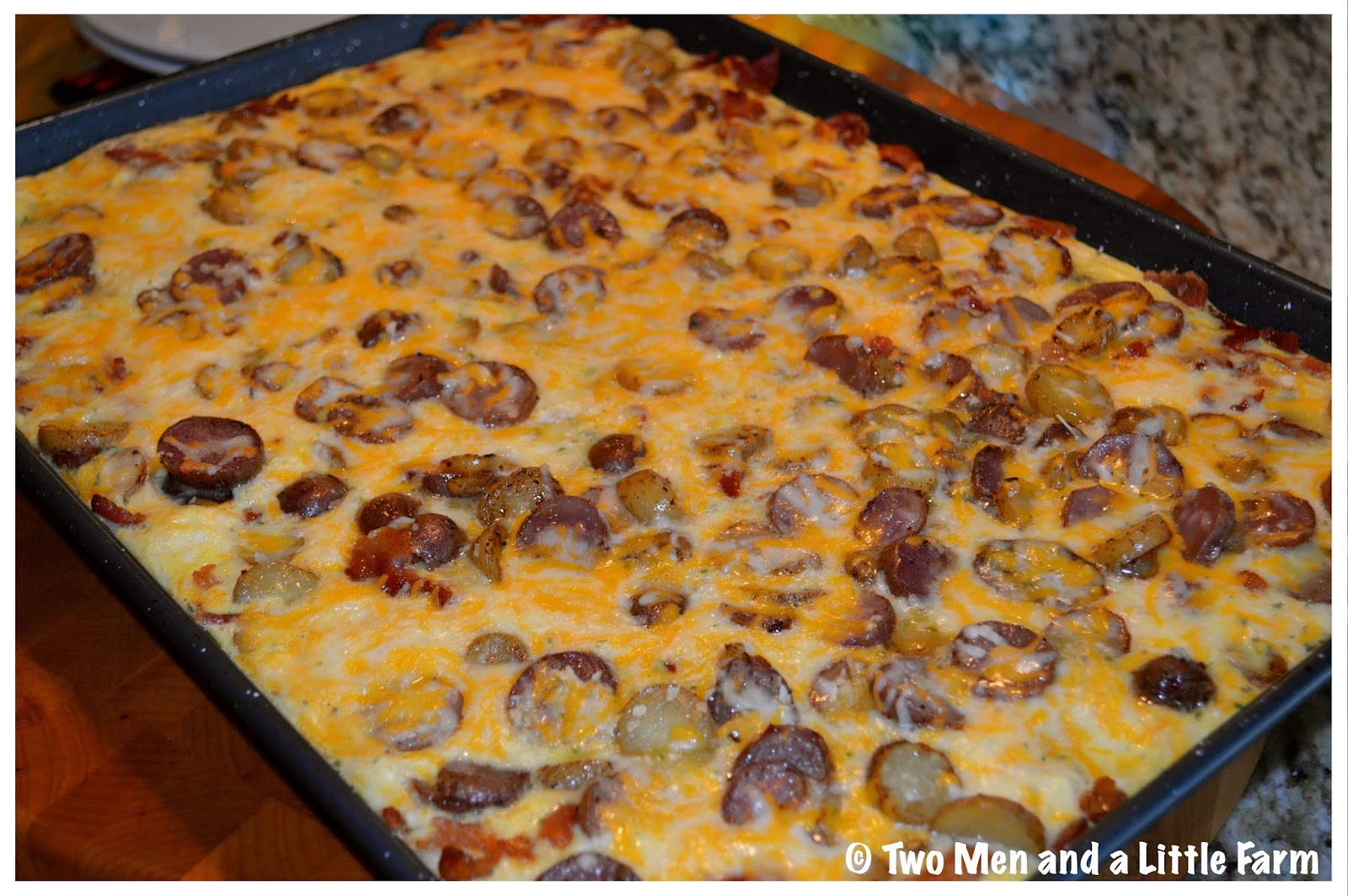 Two Men and a Little Farm SHEET PAN OMELET WITH SAUSAGE BACON AND EGGS