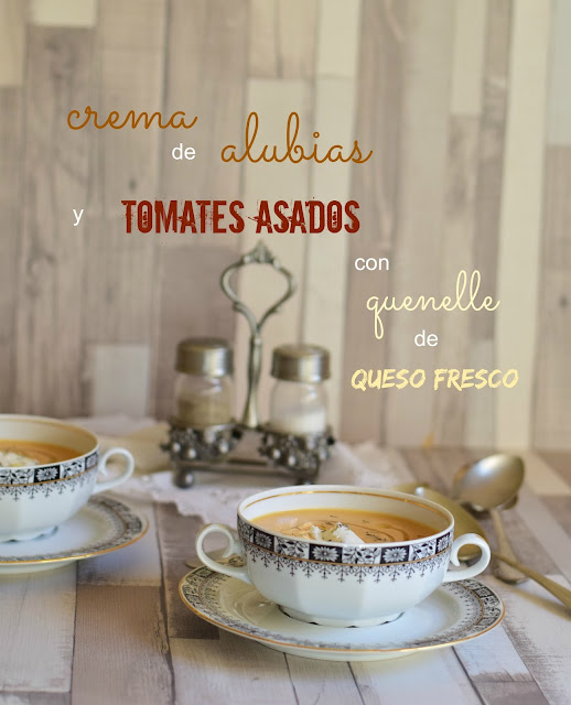 Crema de alubias y tomates asados con quenelle de queso