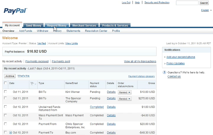 PayPal Account Deposit Screen