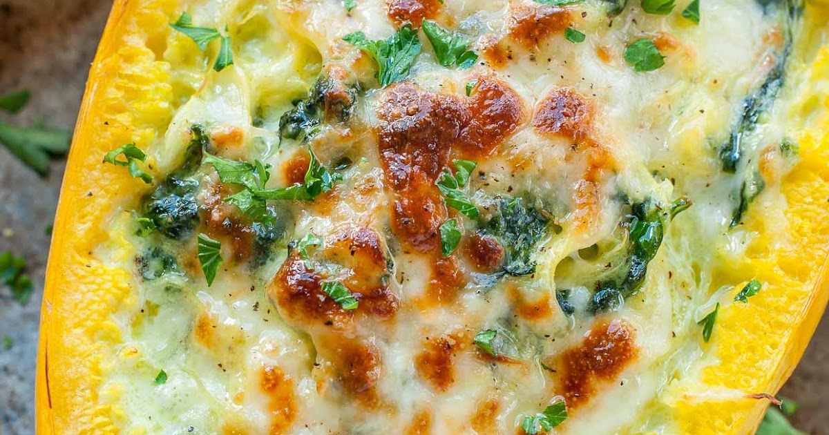 CHEESY GARLIC PARMESAN SPINACH SPAGHETTI SQUASH FOOD AND DRINK
