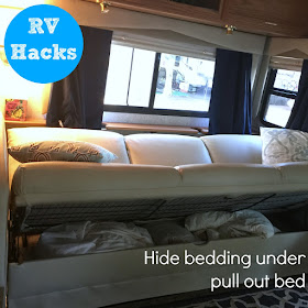 RV Hack - store bedding underneath pull out couch :: OrganizingMadeFun.com