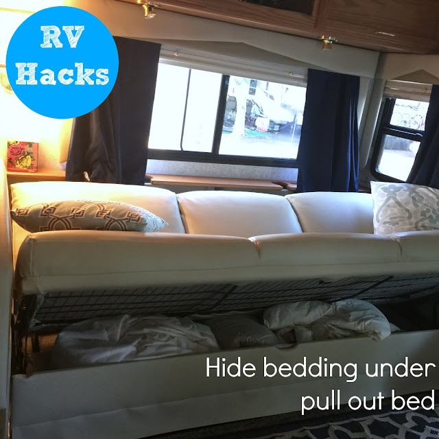 RV Hack - store bedding underneath pull out couch :: OrganizingMadeFun.com RV Hack - store bedding underneath pull out couch :: OrganizingMadeFun.com