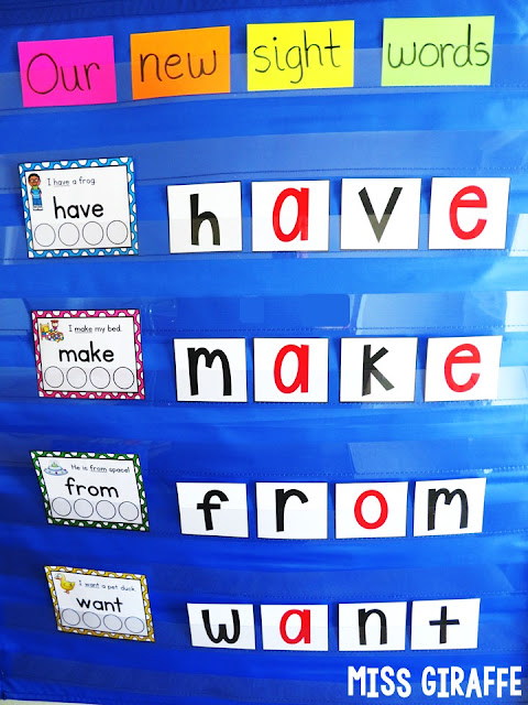 Spelling sight words in the pocket chart center and so many fun ideas for teaching sight words in first grade or kindergarten!