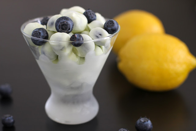 Healthy Lemon Frozen Yogurt Covered Blueberries | Healthy Dessert Recipes with sugar free, low calorie, low fat, high protein, gluten free, dairy free and vegan options at the Desserts With Benefits Blog (www.DessertsWithBenefits.com)