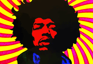 Ilustración de Jimi Hendrix con ton psicodélico o colorista