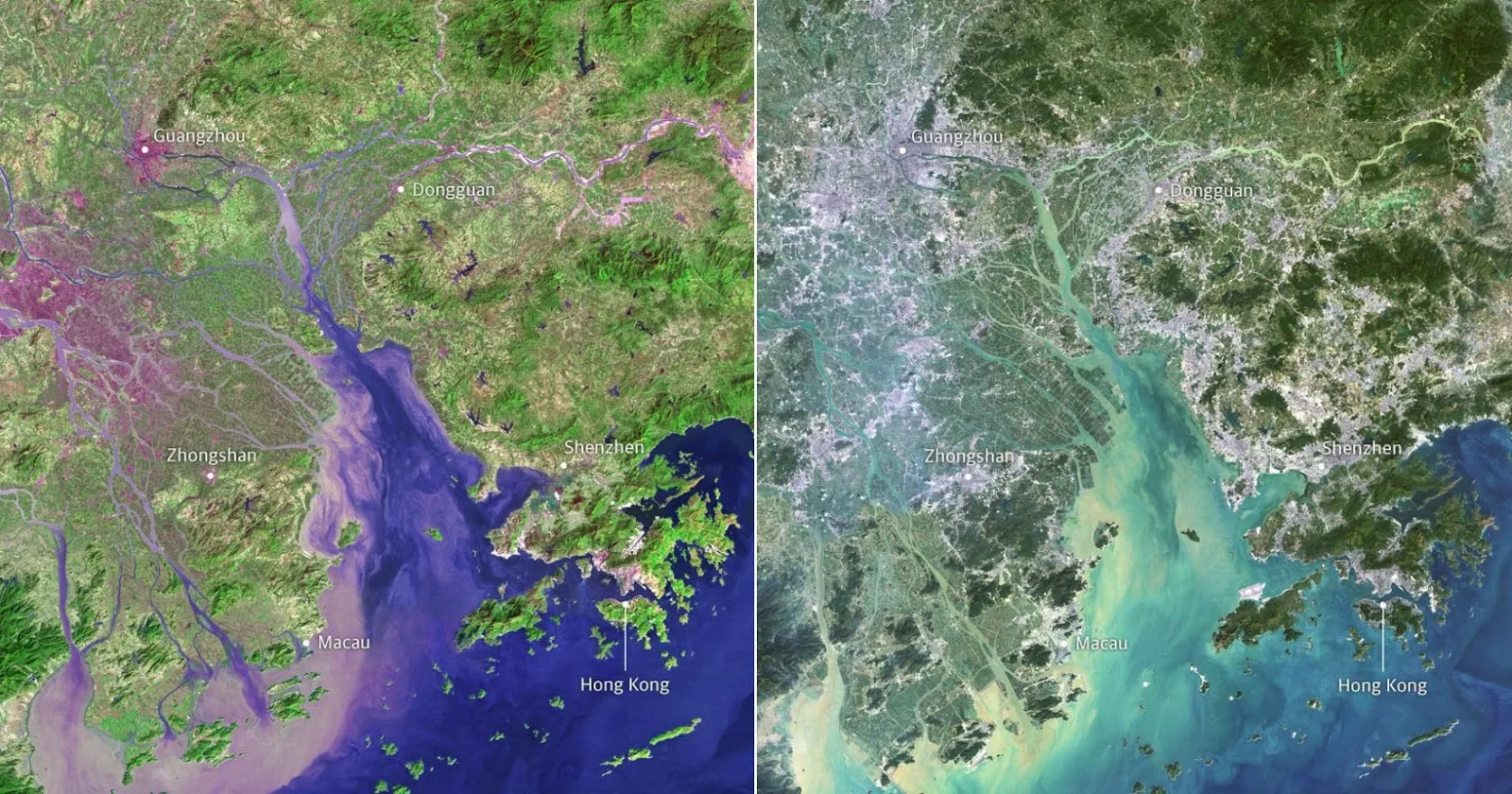 The Pearl River Delta in 1979 and 2000.