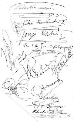 Firmas de los asistentes a la cena de homenaje a Ángel Ribera y Pedro Cherta