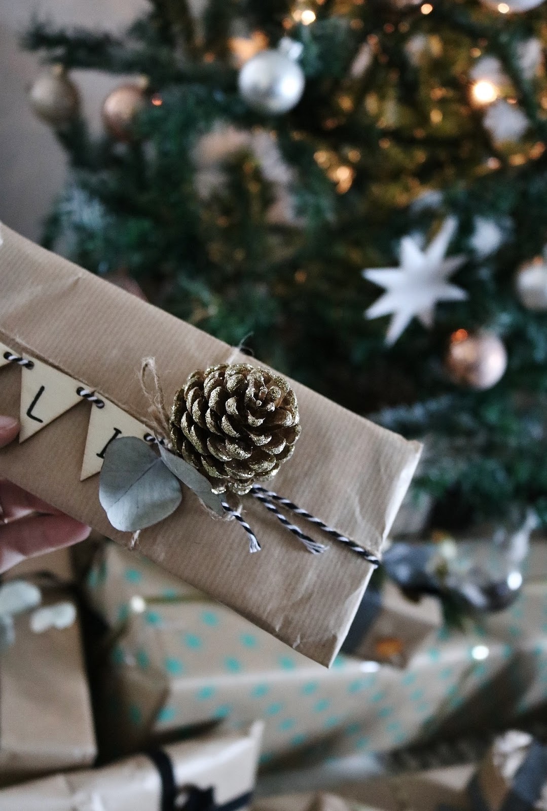 pauline-dress-besancon-noel-emballages-cadeaux-gift-christmas-2017-2018-kraft-nature-sapin-panier-garni-ruban-decore-etoile-dore-or-action-hema