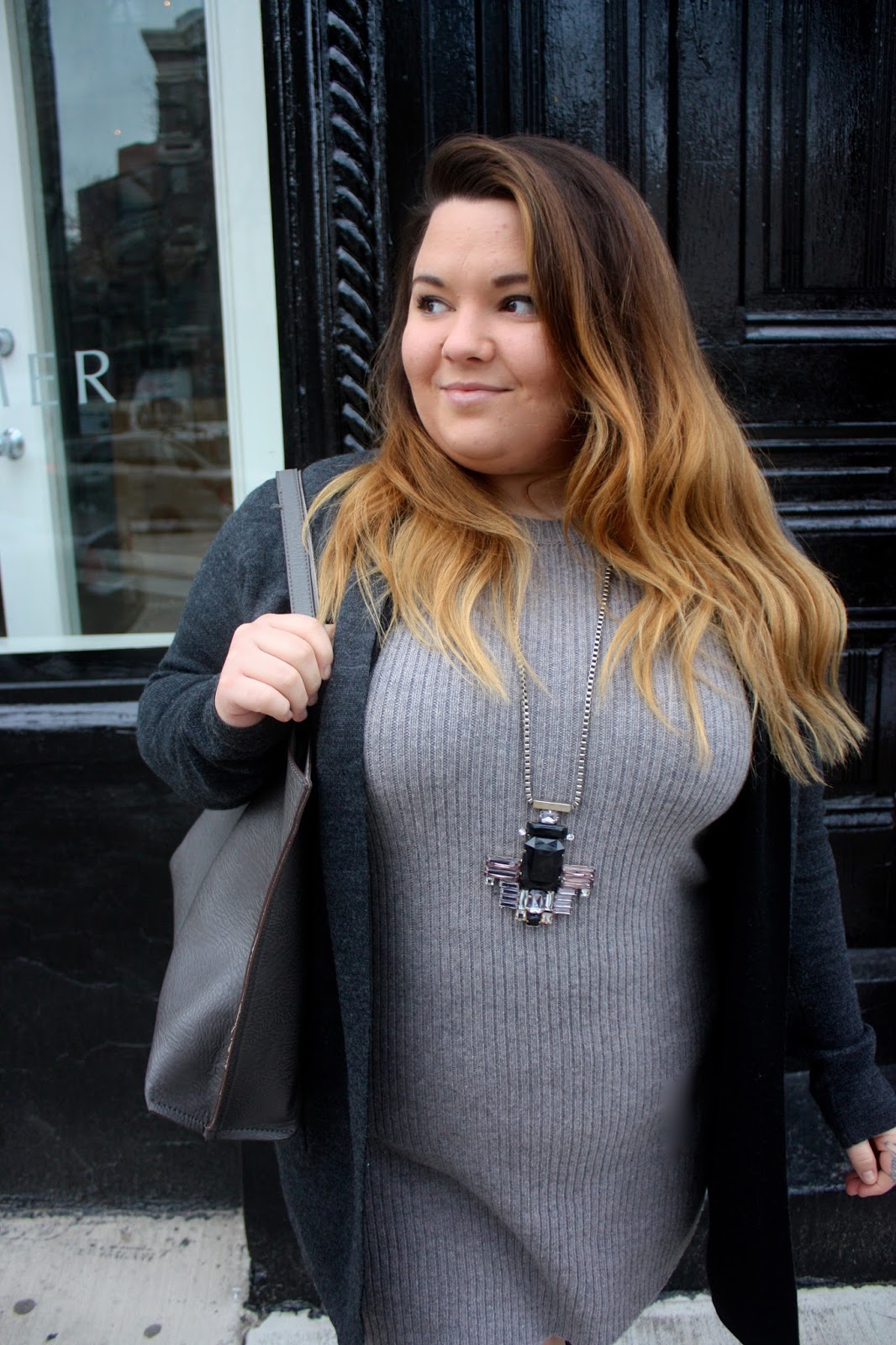 natalie craig, natalie in the city, street level tote, knee high boots, plus size, fashion blogger, chicago, new year, monochromatic outfit, how to wear statement jewelry, duster cardigan, sweater weather, winter outfits 2016, curvy, fashion, wide calf boots, balayage hair, sweater dress