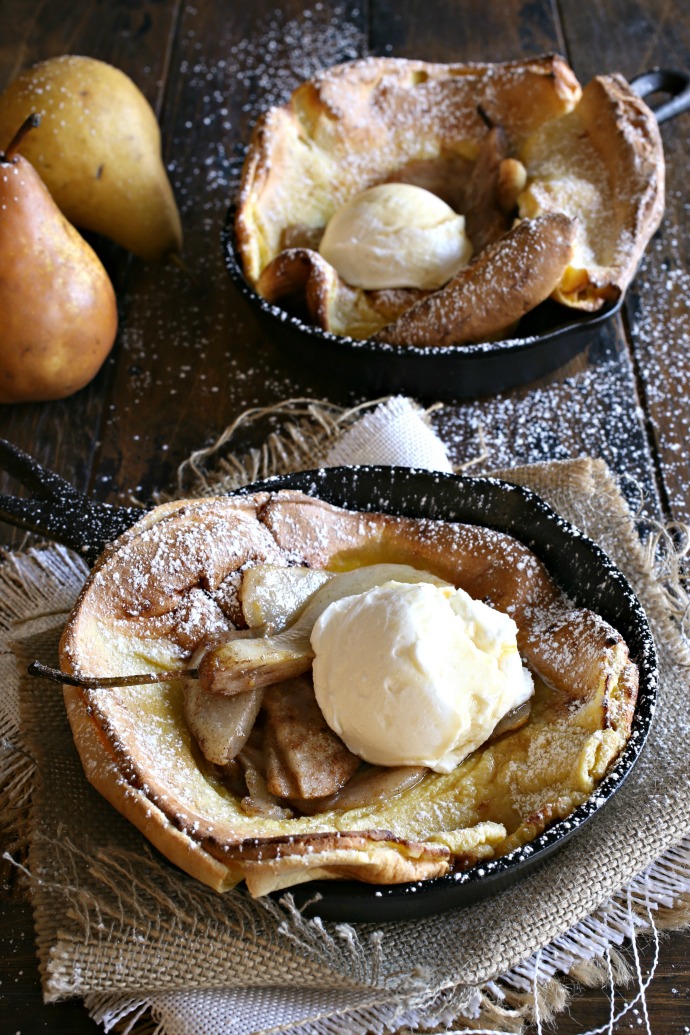 Dutch baby pancakes with caramelized pears and labneh yogurt cream.