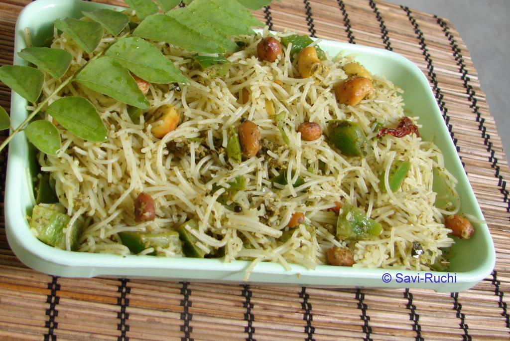 SaviRuchi Karibevu Shavige Oggarane (Rice noodles in curry leaves sauce)