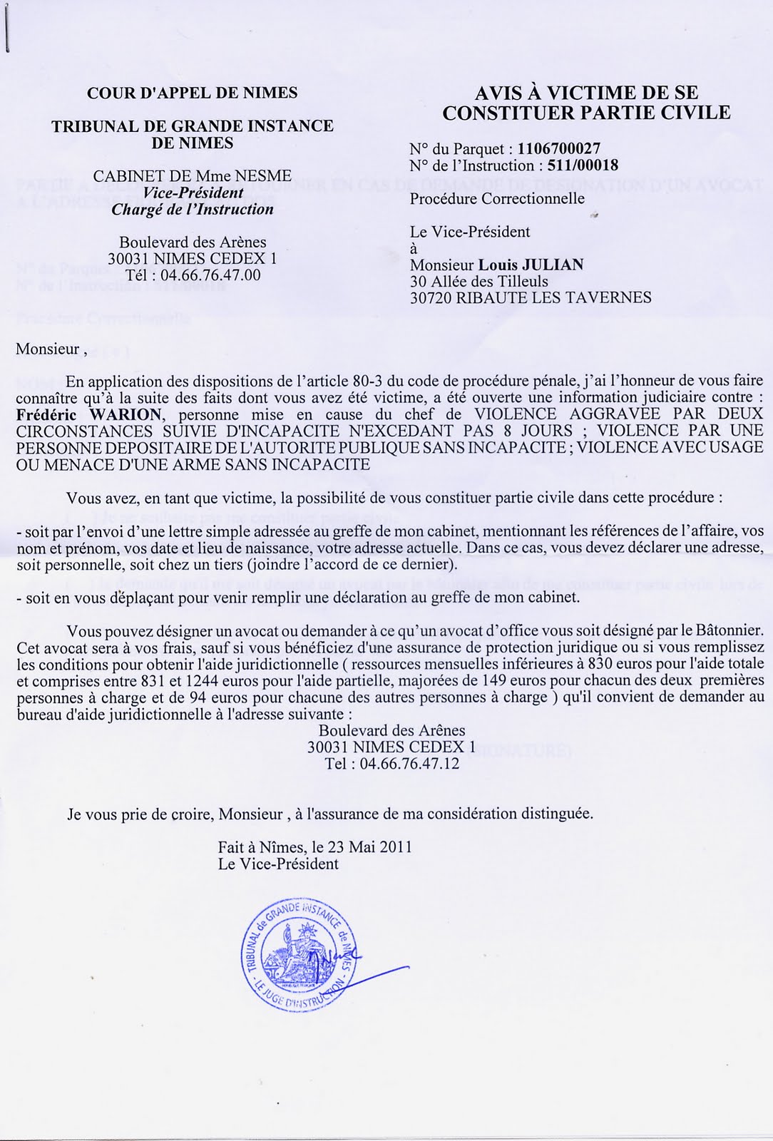 LE REBOUSSIER Avis à victime de se constituer partie civile