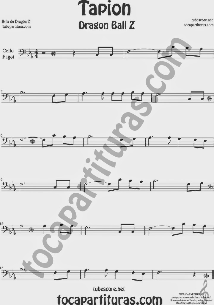 Tapión Bola de Dragón Z Partitura de Violonchelo y Fagot Sheet Music for Cello and Bassoon Music Scores Dragon Ball Z Ost