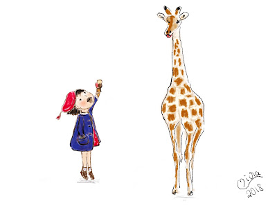 Ein kleines Mädchen steht auf den Zehenspitzen und versucht eine ganz große Giraffe an seinem Eis lecken zu lassen, Doodle