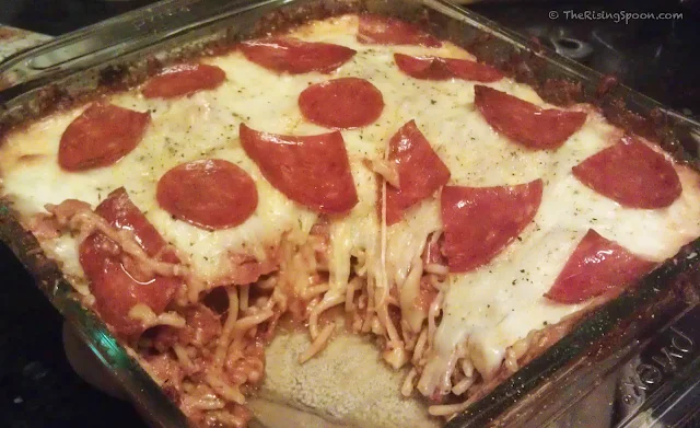 The Rising Spoon Blog: Pizzasketti, A Baked Pizza-Style Pasta. The best way to use up leftover noodles!