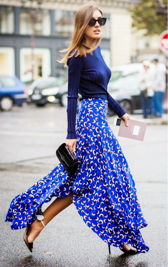 Street style | Blue top, printed maxi skirt, heels | Just a Pretty Style