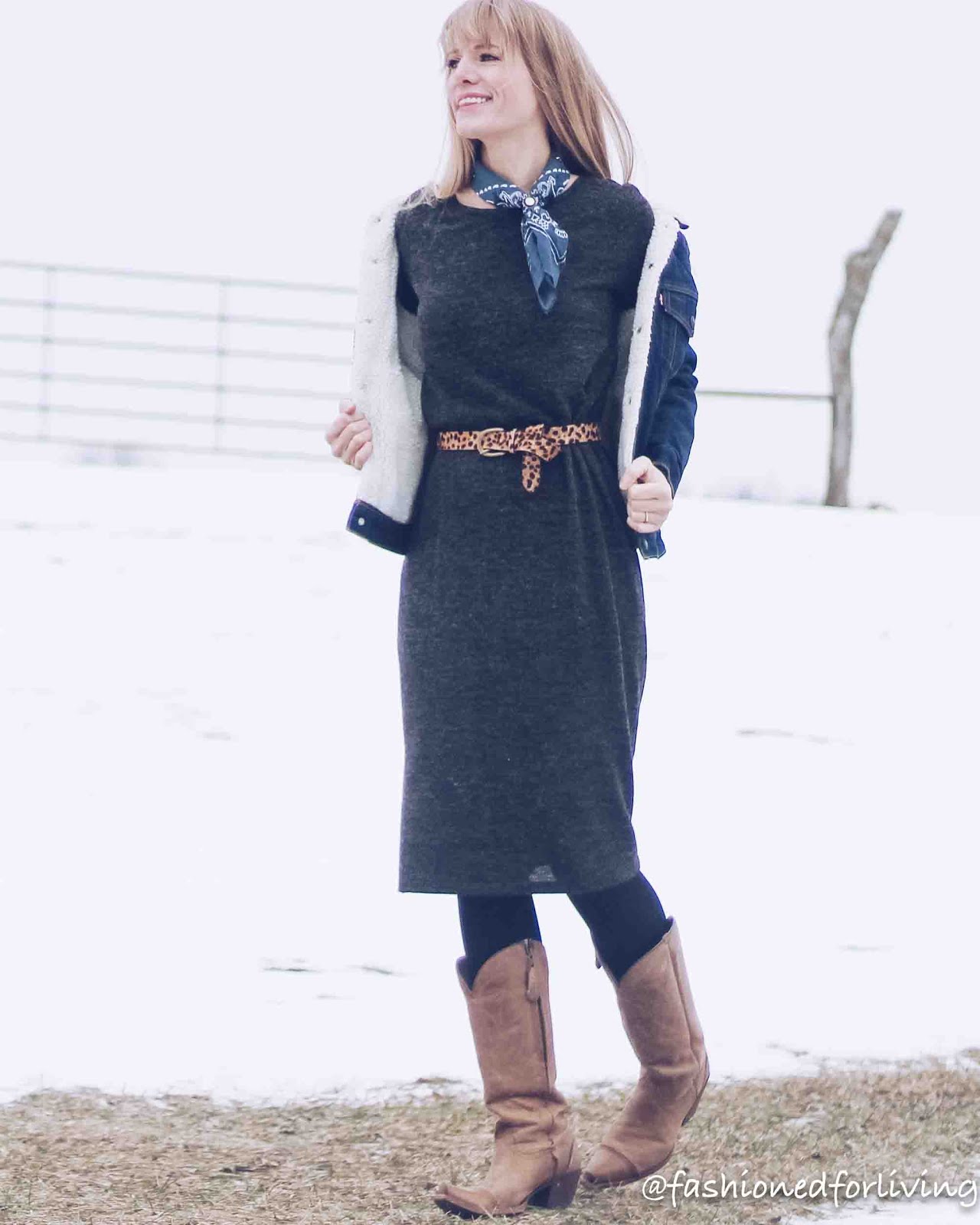 western chic outfit - cowgirl boots and dress