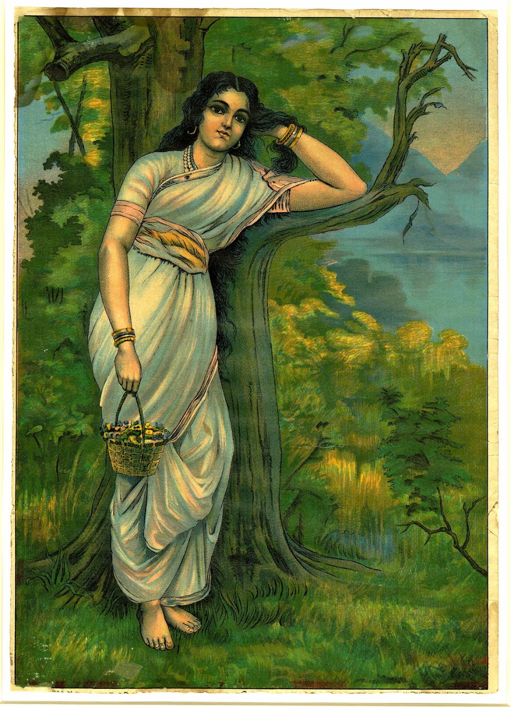 Colour Lithograph of a Woman with Flower Basket Leaning against a Tree - Early 20th Century