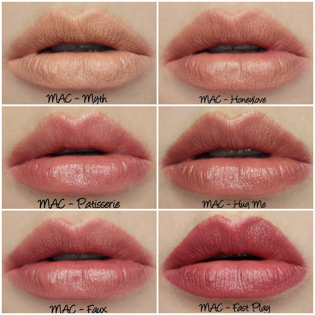 MAC Myth, Honeylove, Patisserie, Hug Me, Faux, Fast Play lipstick swatches & review