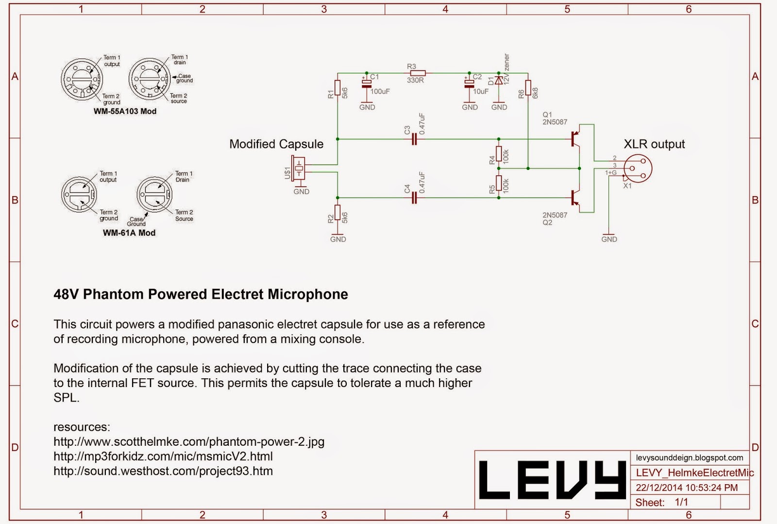 Levy Sound Design 48V Phantom Powered Electret Condenser Microphone