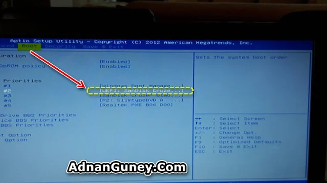 bilgisayarınız için araştırıp bios girişini bulunuz