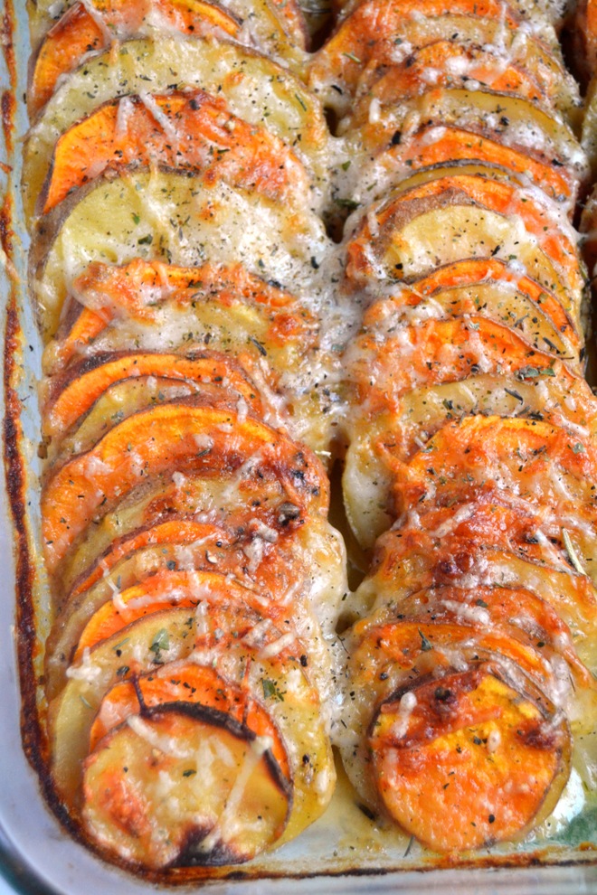 Hasselback Potato Gratin features thinly sliced sweet potatoes and yellow potatoes with a healthier creamy, cheesy sauce and is the best side dish for entertaining! www.nutritionistreviews.com